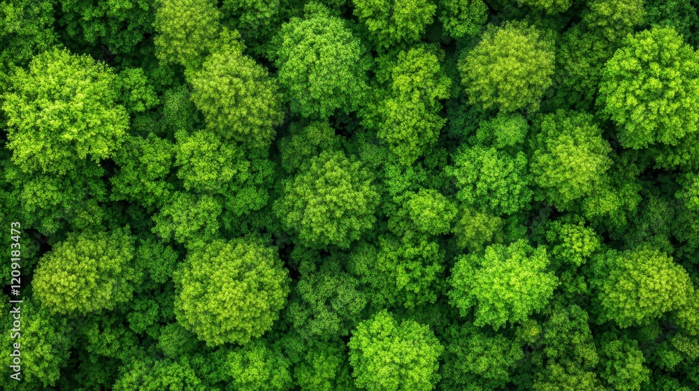 Naklejka premium Aerial view of a lush green forest canopy showcasing diverse tree foliage and vibrant nature