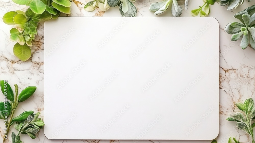 A white laptop rests elegantly among lush green plants on a sleek marble surface, blending technology with nature's tranquility.