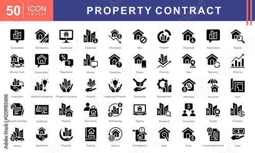 Property Contract icon collection set. Containing buildings, housing, residential, consultation, negotiation, management, rent, license agreement, property insurance, partnership, Acquisition icon.