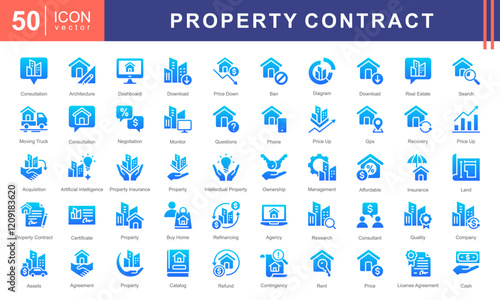 Property Contract icon collection set. Containing buildings, housing, residential, consultation, negotiation, management, rent, license agreement, property insurance, partnership, Acquisition icon.