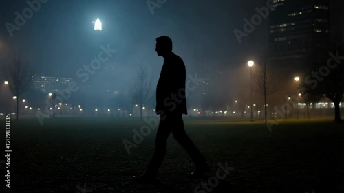 Silhouette of a man walking alone in park during a foggy night time