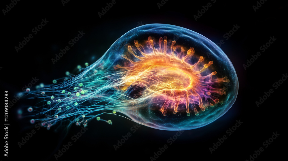 Fototapeta premium Cytoplasmic Streaming in vibrant jellyfish on dark background