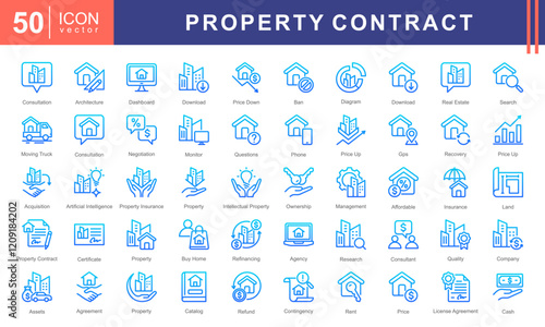 Property Contract icon collection set. Containing buildings, housing, residential, consultation, negotiation, management, rent, license agreement, property insurance, partnership, Acquisition icon.