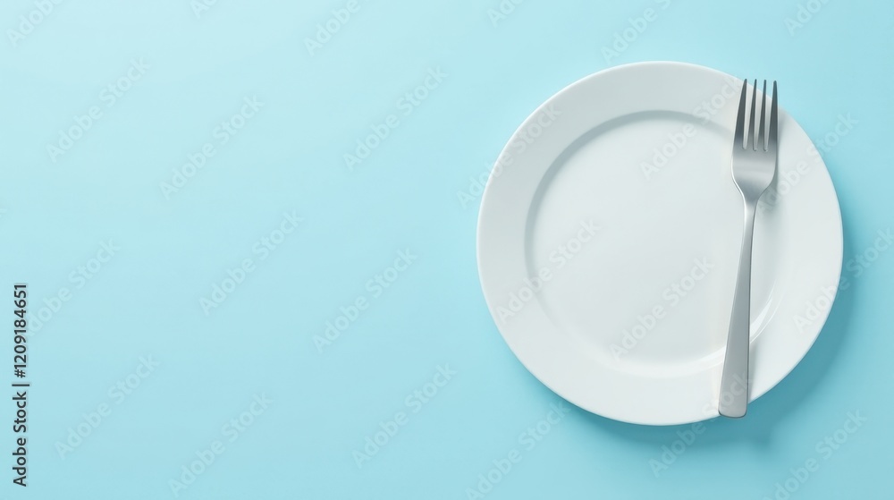 Empty Plate and Fork on Light Blue Background Minimalist Table Setting Concept Empty Plate and Fork on Light Blue Background Minimalist Table Setting Concept