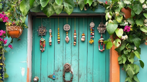 Vibrant Teal Door Adorned with Colorful Hanging Ornaments photo