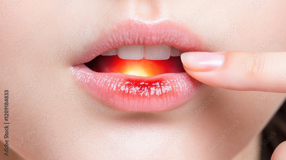 Fototapeta premium Close-up of lips with aphthous ulcer A close-up image of glossy lips highlighting a glowing red aphthous ulcer, illustrating oral health issues and discomfort