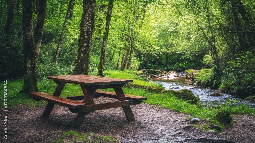 A tranquil picnic table by a gentle stream offers serenity. Surrounded by lush greenery and vibrant trees, it invites relaxation and connection with nature. Generative AI A tranquil picnic table by a gentle stream offers serenity. Surrounded by lush greenery and vibrant trees, it invites relaxation and connection with nature. Generative AI