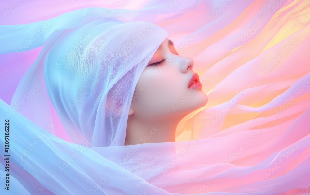 Dreamy composition featuring a graceful woman enveloped in pure white fabric and rainbow effects, ideal for spa, holistic, or artistic promotions Dreamy composition featuring a graceful woman enveloped in pure white fabric and rainbow effects, ideal for spa, holistic, or artistic promotions