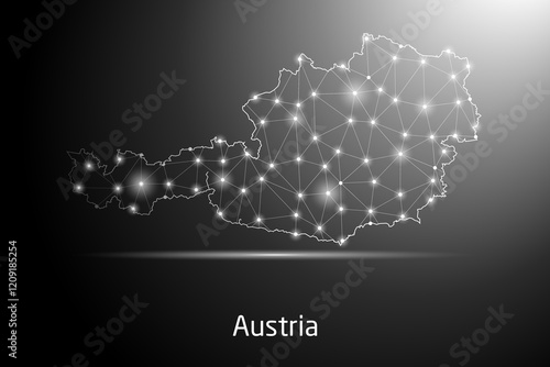 Abstract Mash Line and Point Scales on The Dark Gradient Background With Map of Austria. 3D Mesh Polygonal Network Connections. Vector illustration eps 10.	
