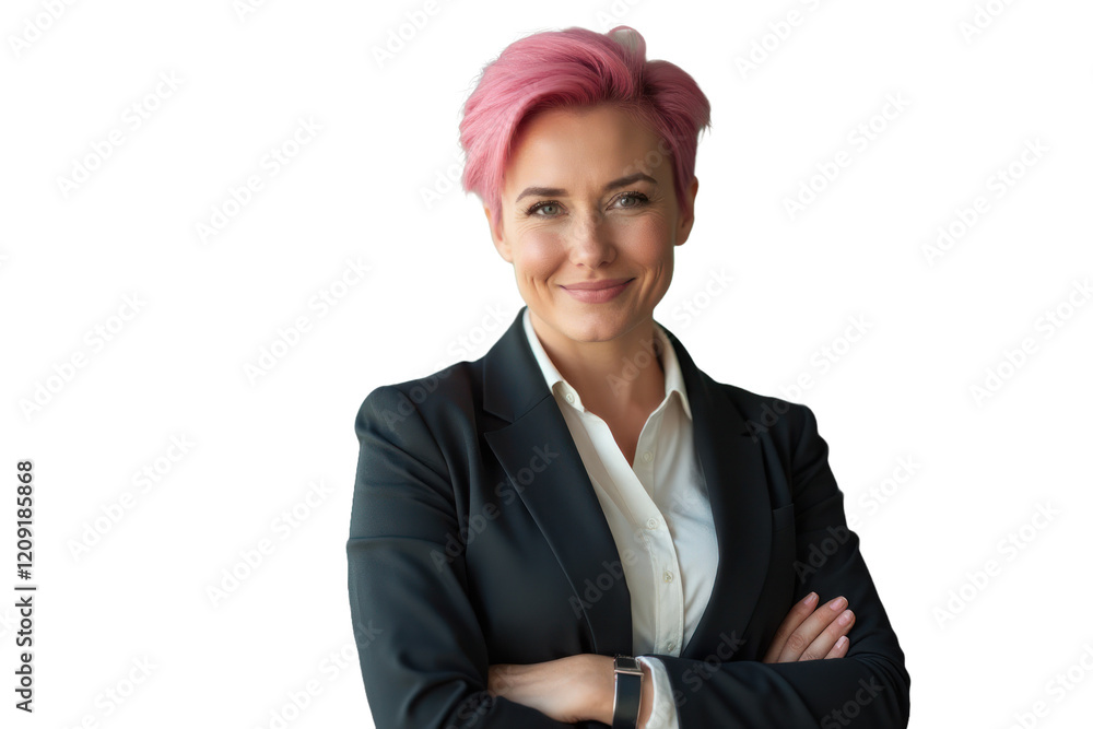 Businesswoman with pink hair smiling isolated on transparent background Businesswoman with pink hair smiling isolated on transparent background