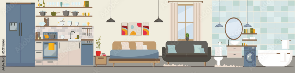 Modern apartment with equipment (furniture, sofa, armchair, dishes). Kitchen, bathroom, living room. Flat Vector illustration