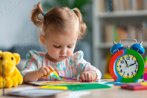 A young child focuses intently on a vibrant educational clock, using crayons to color on paper. The playful environment encourages exploration of learning to tell time photo