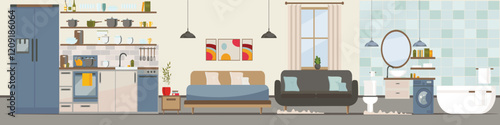 Obraz na płótnie Modern apartment with equipment (furniture, sofa, armchair, dishes). Kitchen, bathroom, living room. Flat Vector illustration w salonie