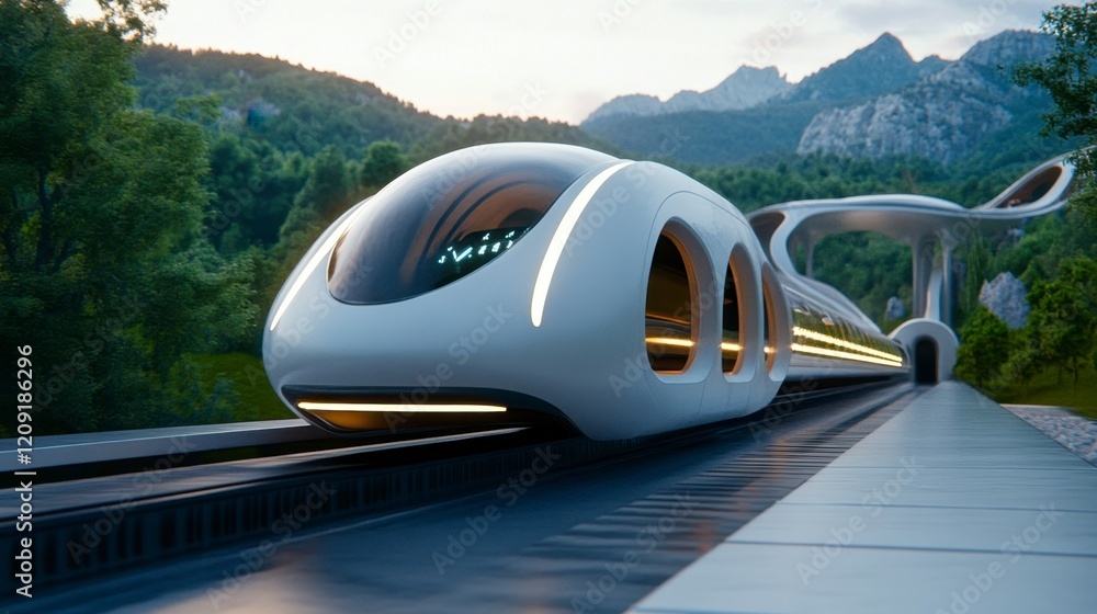 Fototapeta premium Futuristic Train Station with High-Speed Train in Scenic Landscape