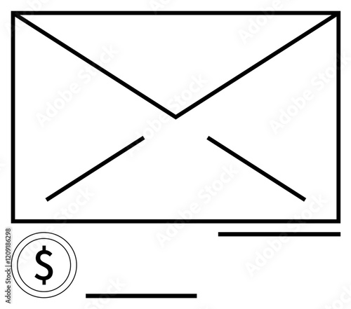 Large envelope with dollar coin, horizontal lines, and minimalistic style. Ideal for email communication, digital payments, banking, e-commerce, financial services, invoices notifications abstract