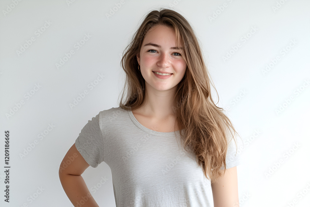 Obraz premium Smiling Young Woman: A portrait of a young woman with shoulder-length light brown hair, a gentle smile, and a friendly expression, wearing a simple gray t-shirt.