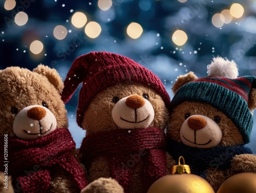 Wallpaper Mural Festive teddy bear trio with colorful hats and scarves, perfect for creating joyful and heartwarming holiday-themed visuals or advertisements Torontodigital.ca