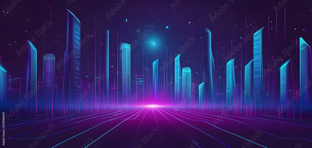 Obraz premium An infinite futuristic cityscape made of glowing purple and blue wire frame structures, forming digital skyscrapers, atmosphere technology