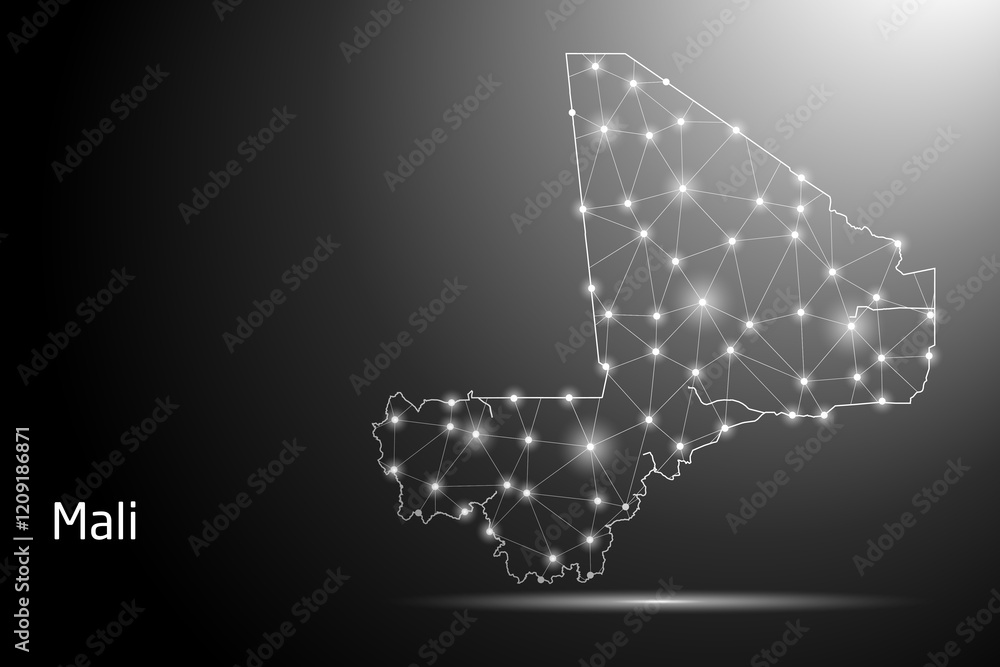 Obraz premium Abstract Mash Line and Point Scales on The Dark Gradient Background With Map of Mali. 3D Mesh Polygonal Network Connections. Vector illustration eps 10. 