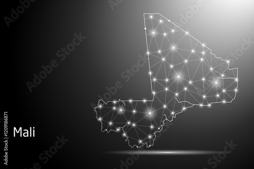 Abstract Mash Line and Point Scales on The Dark Gradient Background With Map of Mali. 3D Mesh Polygonal Network Connections. Vector illustration eps 10.	
