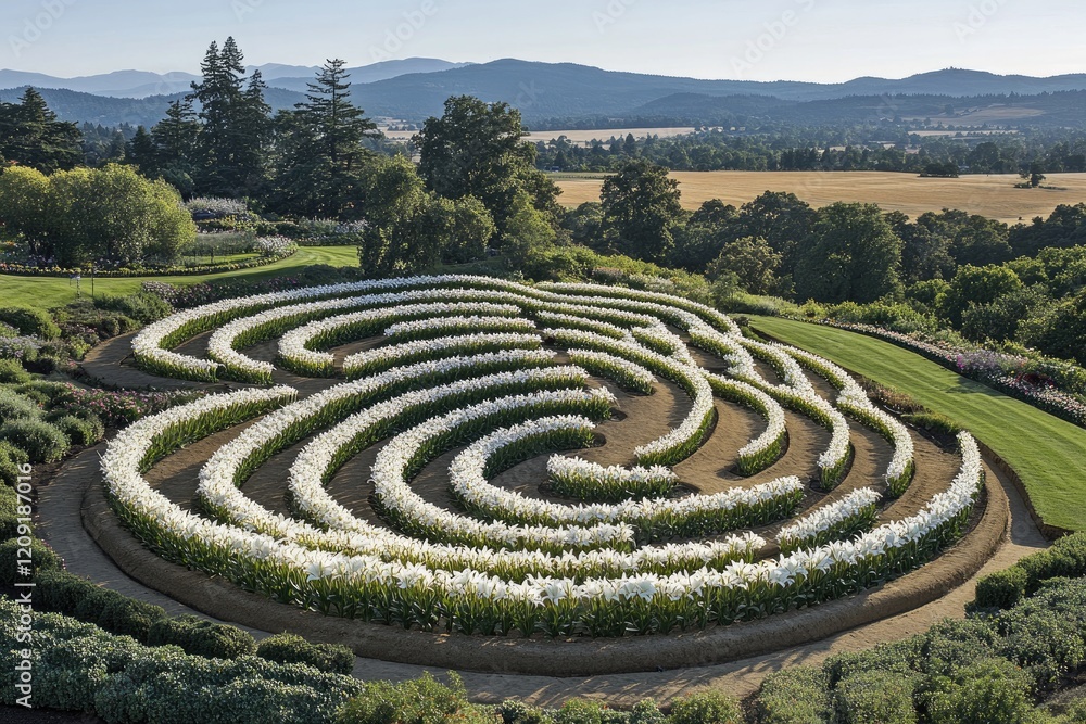 Aerial view of a circular flower maze in a garden, hills in the background. Use Tourism brochure Aerial view of a circular flower maze in a garden, hills in the background. Use Tourism brochure