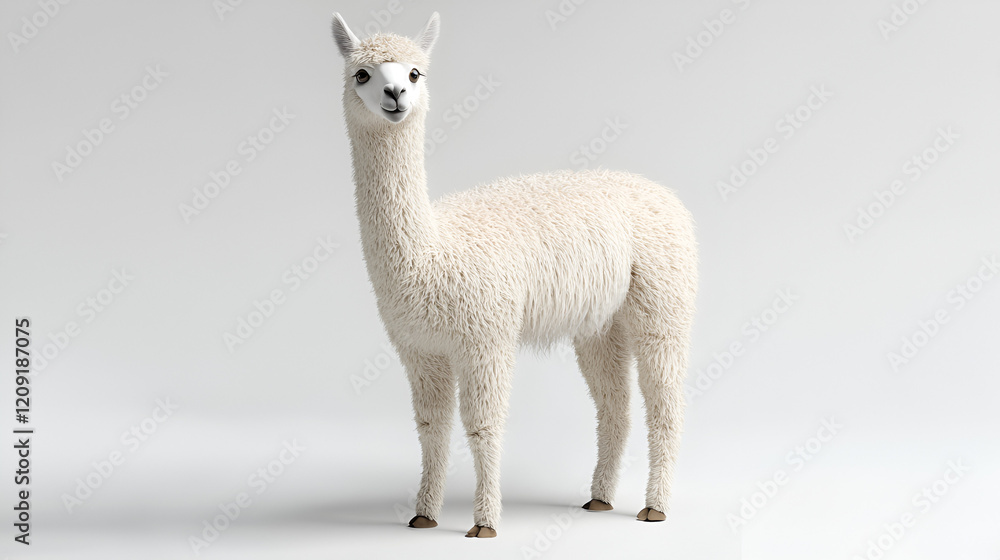 Obraz premium Alpaca Portrait: A fluffy white alpaca stands with a gentle and curious expression against a soft background. Its thick, luxurious fleece and long neck create a captivating image. 