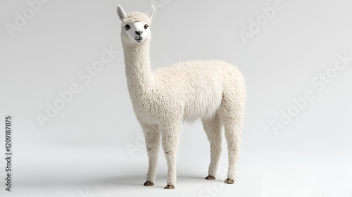 Alpaca Portrait: A fluffy white alpaca stands with a gentle and curious expression against a soft background.  Its thick, luxurious fleece and long neck create a captivating image.  