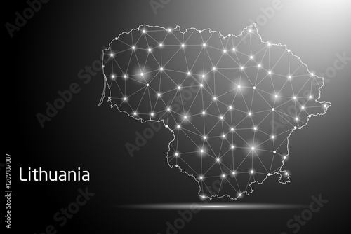 Abstract Mash Line and Point Scales on The Dark Gradient Background With Map of Lithuania. 3D Mesh Polygonal Network Connections. Vector illustration eps 10.	
