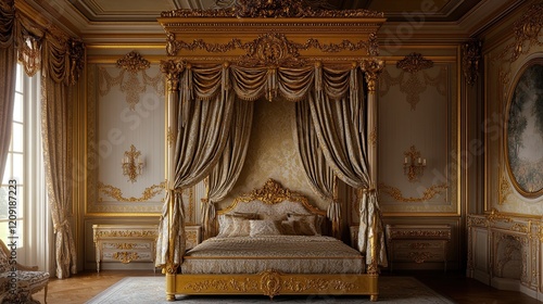 A regal French chateau-inspired vintage bedroom with a gold-accented canopy bed photo