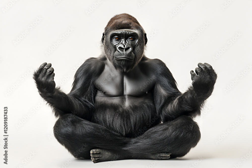Gorilla in Meditation: A powerful silverback gorilla sits in a meditative pose, radiating an air of calm and inner strength. His piercing gaze suggests a deep connection to the spiritual realm. Gorilla in Meditation: A powerful silverback gorilla sits in a meditative pose, radiating an air of calm and inner strength. His piercing gaze suggests a deep connection to the spiritual realm.