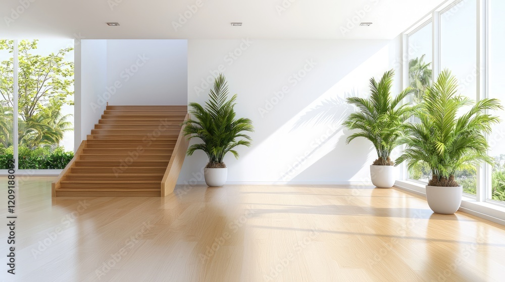 Fototapeta premium Modern empty room with wooden staircase, potted palm plants, and large windows letting in bright natural light.