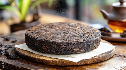 Dark Compressed Tea Cake on Rustic Wooden Table photo