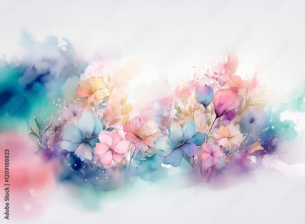 Obraz premium A watercolor painting of pastel flowers, blossoms, and leaves arranged in a horizontal flowing composition. Soft color palette and abstract watercolor washes create a dreamy, romantic mood.