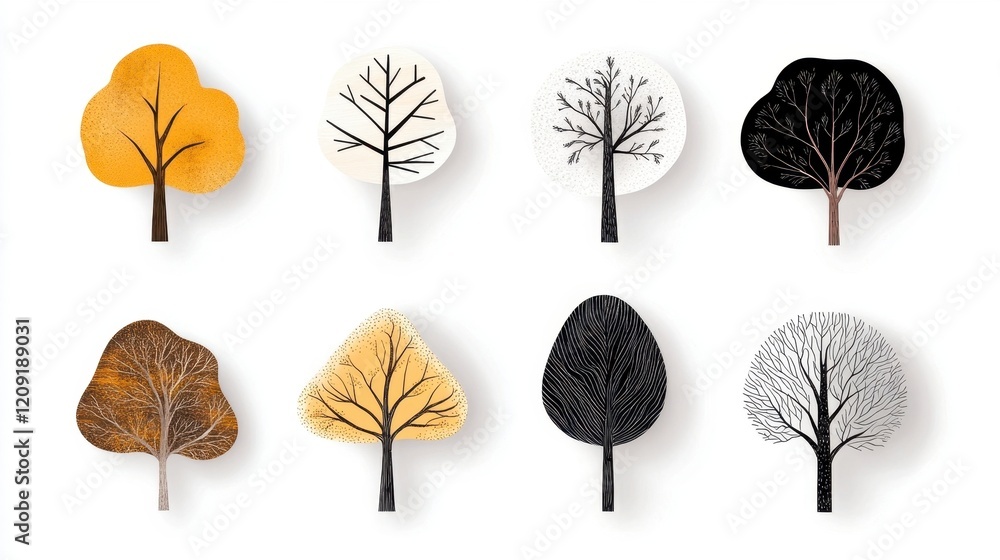 Obraz premium Diverse Artistic Tree Illustrations in Varied Styles and Colors