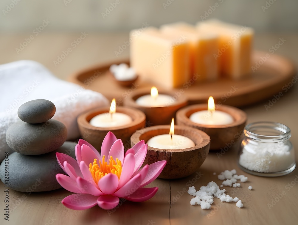 Serene Spa Setting with Candles and Lotus Flower Serene Spa Setting with Candles and Lotus Flower