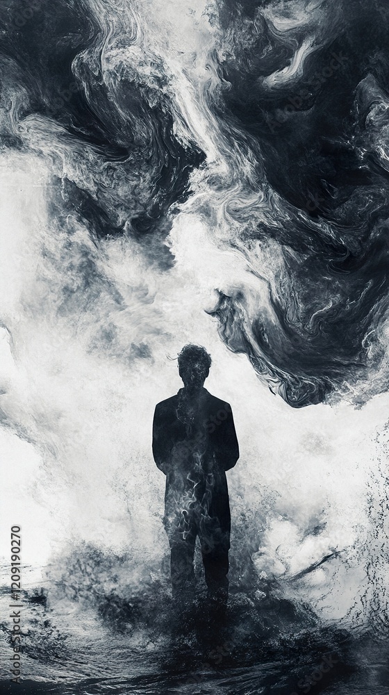 Fototapeta premium Turbulent Soul: A Monochromatic Figure in a Sea of Emotion
