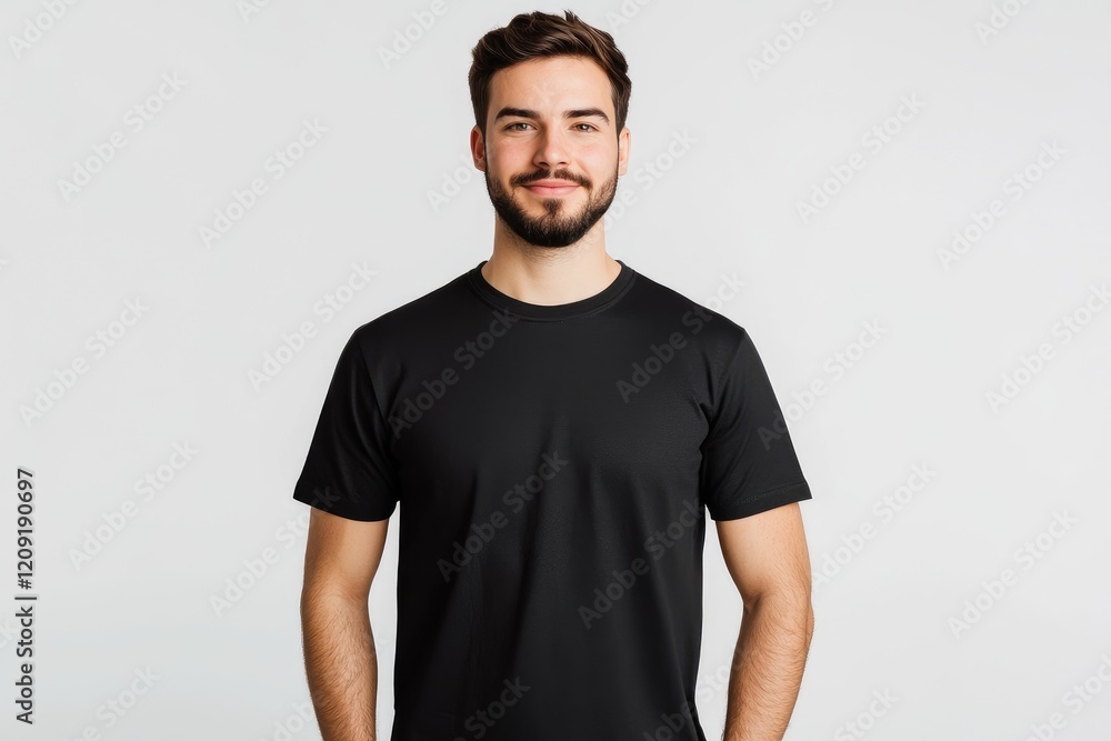 Male model posing in black t-shirt studio fashion photography minimalist front view stylish apparel concept Male model posing in black t-shirt studio fashion photography minimalist front view stylish apparel concept