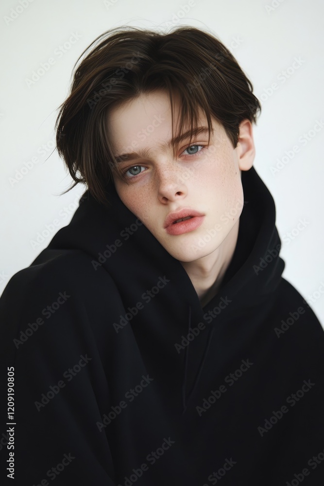 Youthful expression of a male subject in casual wear studio setting portrait photography close up modern aesthetic Youthful expression of a male subject in casual wear studio setting portrait photography close up modern aesthetic