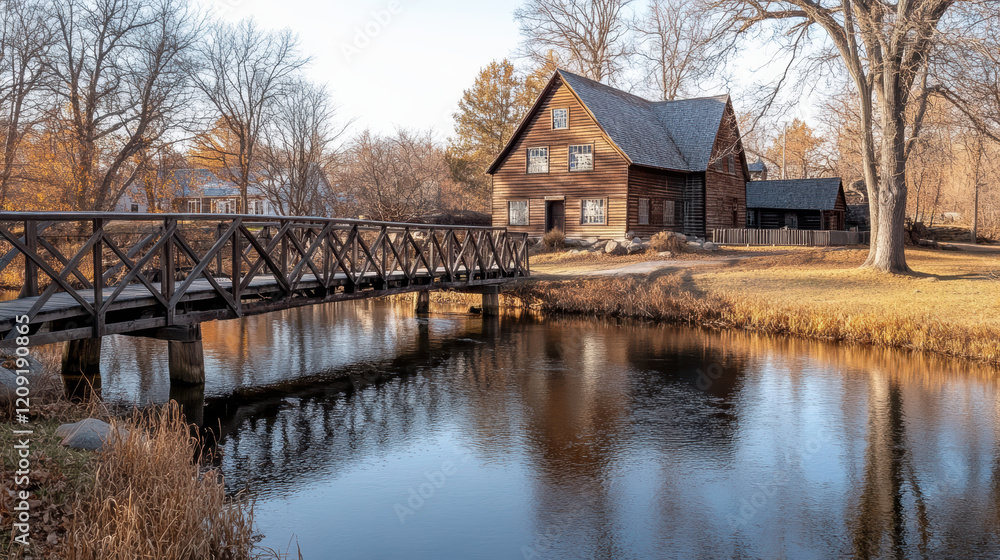 traditional wooden bridge crosses calm river, leading to rustic wooden house surrounded by autumn trees and golden grass under clear sky traditional wooden bridge crosses calm river, leading to rustic wooden house surrounded by autumn trees and golden grass under clear sky