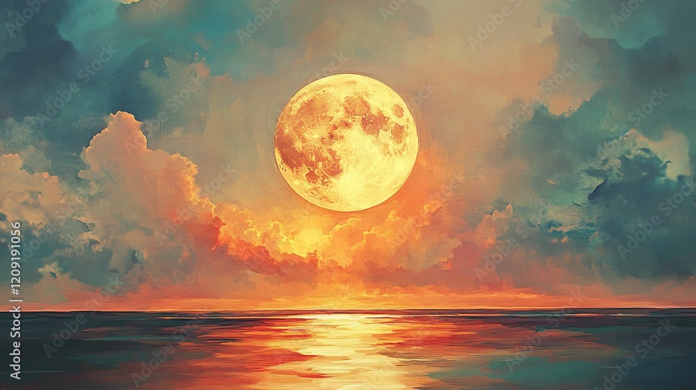 Large full moon rising over calm ocean at sunset. Large full moon rising over calm ocean at sunset.