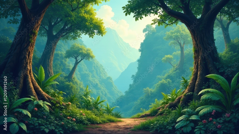 Fototapeta premium Serene Path Through Lush, Verdant Jungle Valley with Majestic Trees and Abundant Foliage