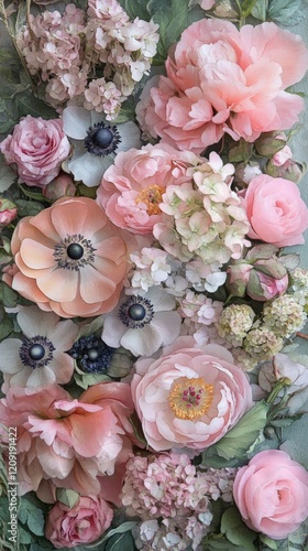 Watercolor Floral Background with Pink Peonies, Anemones, and Hydrangea for Spring Decor or Wedding Invitations photo