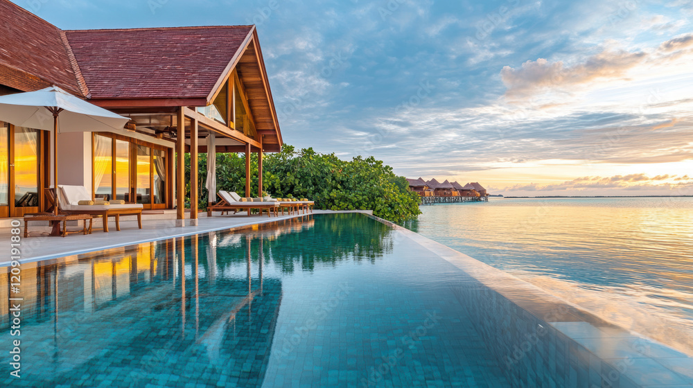 wide angle shot of luxurious overwater villa with private infinity pool, surrounded by calm turquoise waters and lush greenery, under vibrant sunset sky wide angle shot of luxurious overwater villa with private infinity pool, surrounded by calm turquoise waters and lush greenery, under vibrant sunset sky