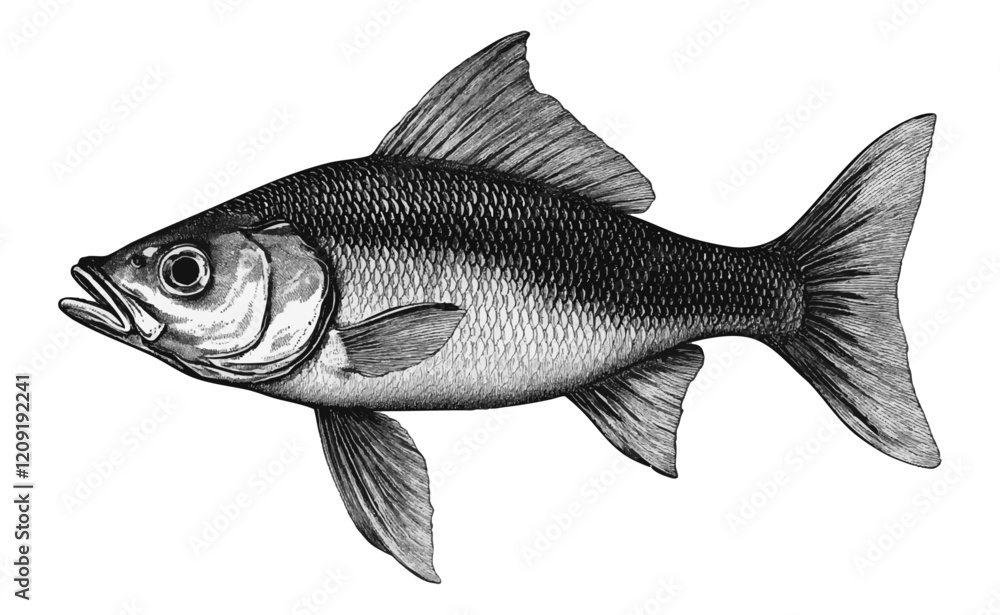 Obraz premium Vintage Black and White Engraving of a Fish, Detailed Aquatic Illustration, isolated with transparent background