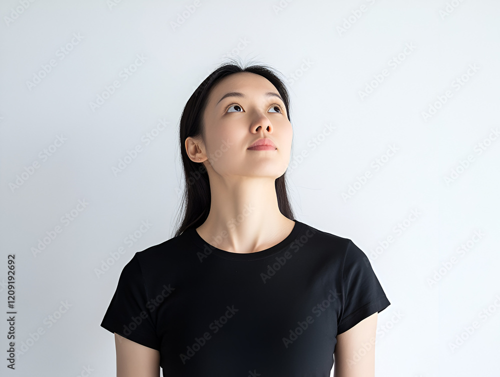 Woman Gazing Upward: A young woman with long dark hair, wearing a simple black t-shirt, looks upward with a thoughtful expression. The image evokes a sense of contemplation, hope, and aspiration. Woman Gazing Upward: A young woman with long dark hair, wearing a simple black t-shirt, looks upward with a thoughtful expression. The image evokes a sense of contemplation, hope, and aspiration.