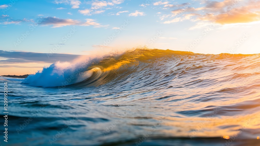 Fototapeta premium Golden Sunlight Reflecting on Ocean Waves at Sunset Along a Serene Coastline