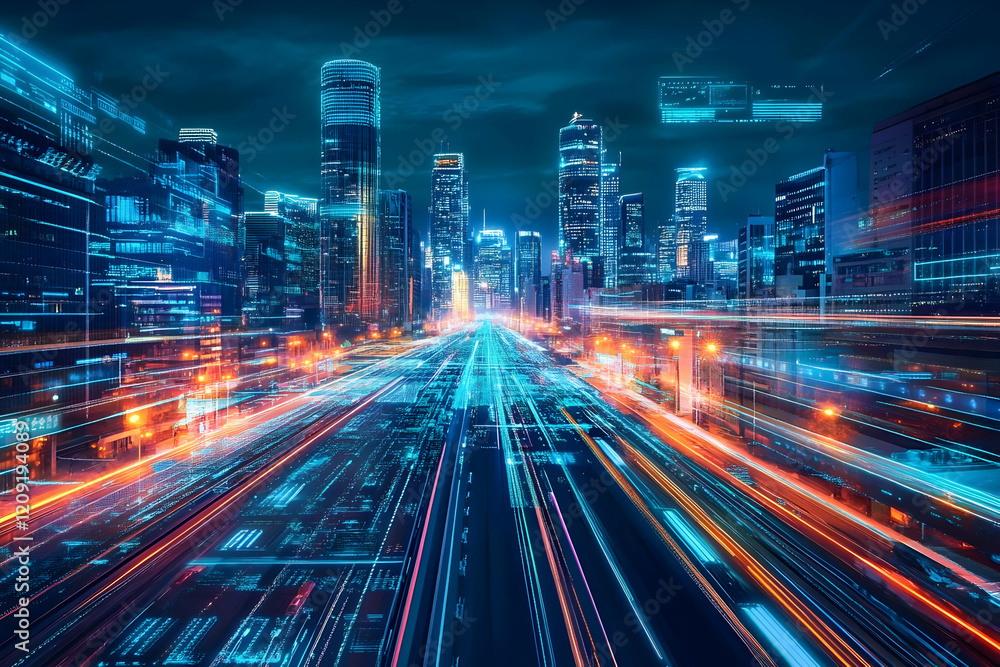 Fototapeta premium A futuristic cityscape with vibrant lights and motion blur effects.