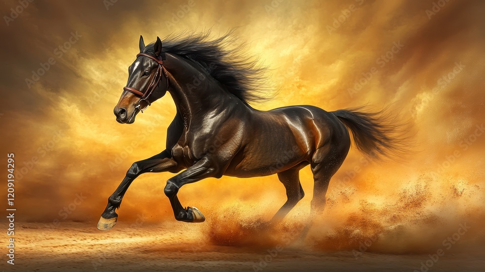 Majestic Black Horse Galloping in a Golden Landscape