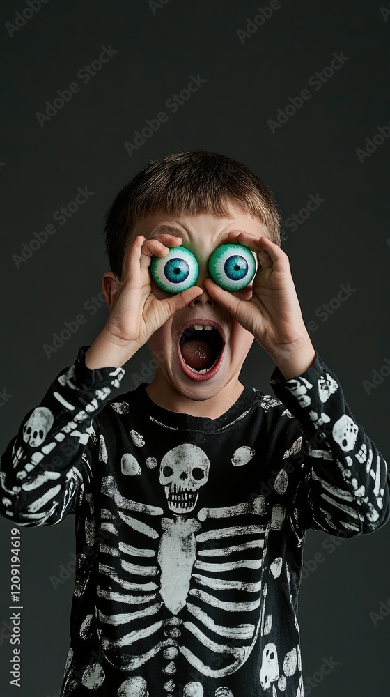 A young boy wearing a black skeleton-patterned shirt, holding two green and blue eyeballs in front of his eyes with both hands, mouth open wide in a screaming expression A young boy wearing a black skeleton-patterned shirt, holding two green and blue eyeballs in front of his eyes with both hands, mouth open wide in a screaming expression