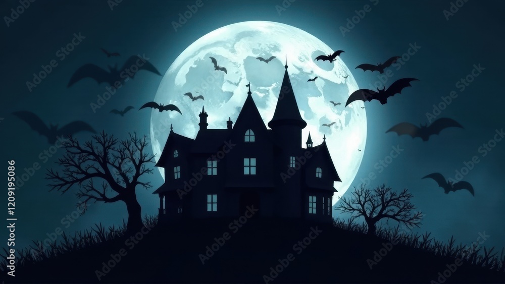 Fototapeta premium Enigmatic Manor House Silhouetted Against a Full Moon, Bats Soaring in a Night Sky
